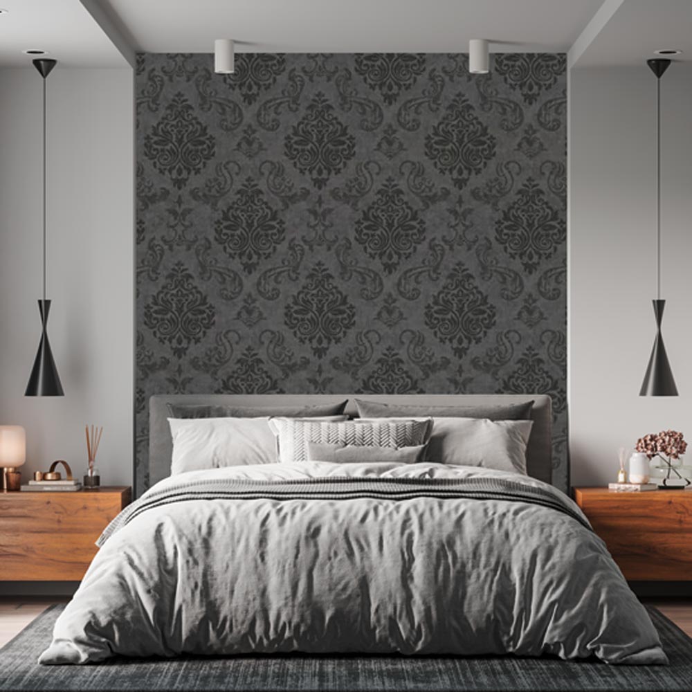 Innenrenovation und Wandgestaltung eines Schlafzimmers mit Barock Akzenttapete vom Maler Solothurn