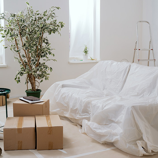 Wohnzimmer mit Kalkfarbe streichen und Möbel abdecken mit Folie